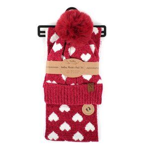 Women's 2pc Reversible Hearts Hat & Infinity Scarf,Red